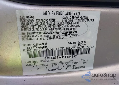 2005 Mercury Grand Marquis Ls/Lse from USA, damaged, VIN 2MEFM75W35X664367